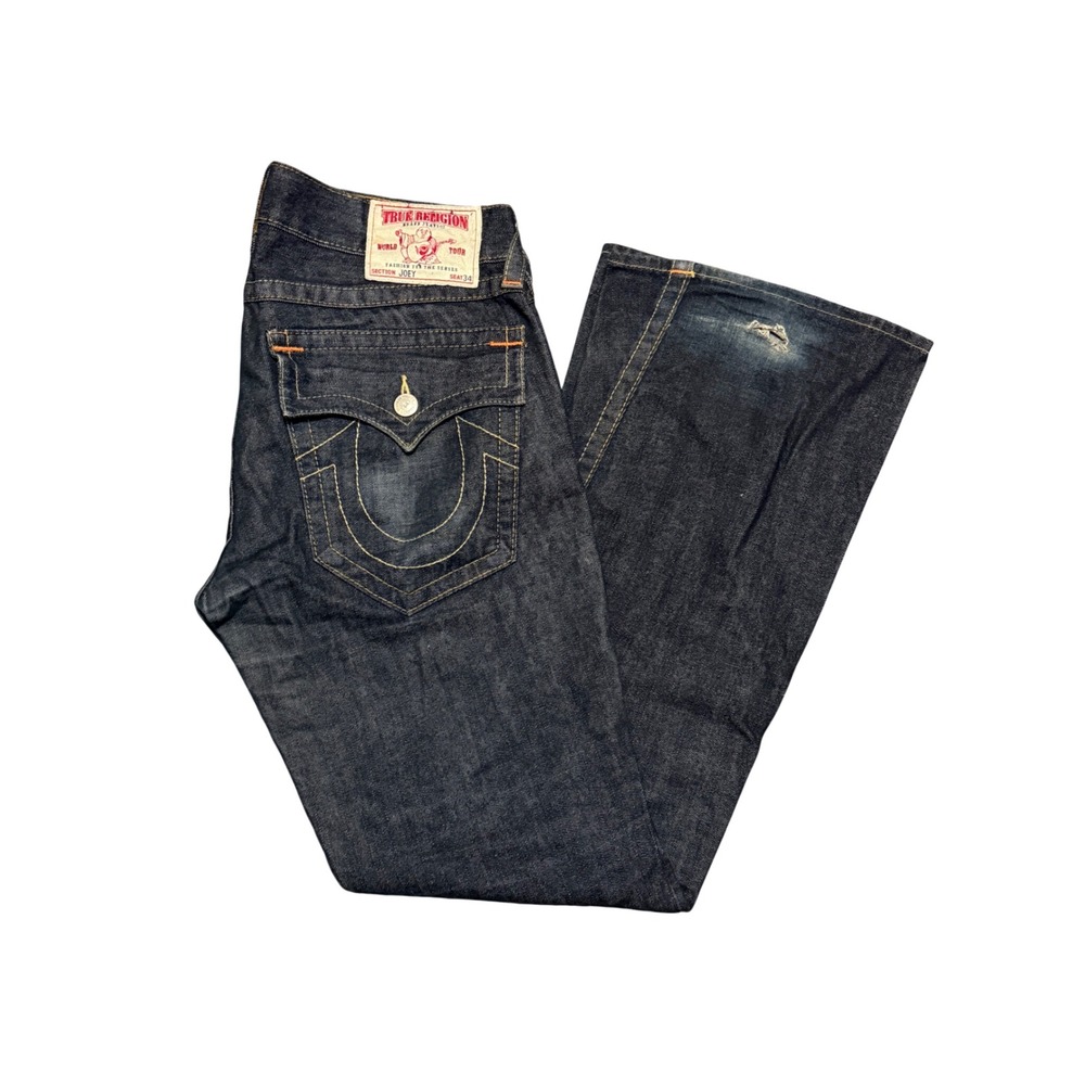 True Religion Joey Mens Flare Jeans Dark Wash Twisted Seam Size 33 Made in USA